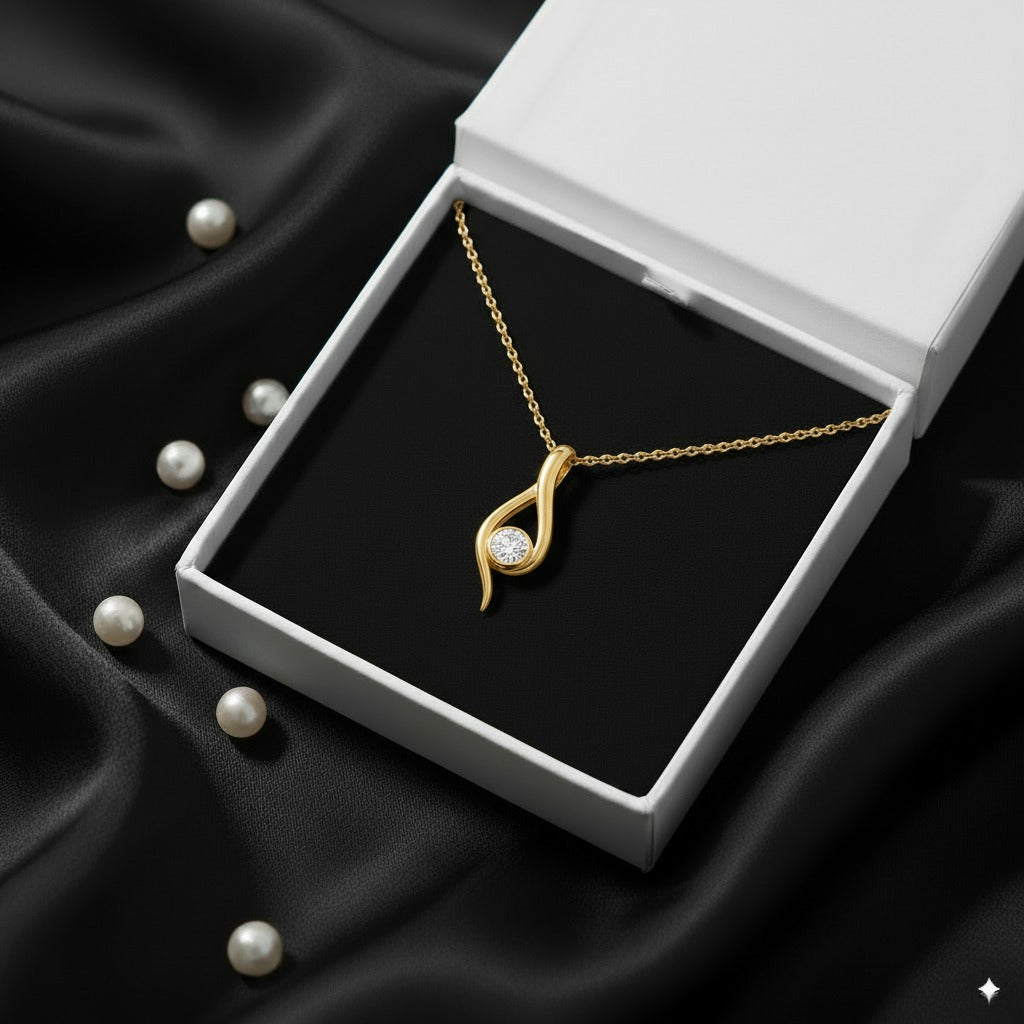 Eterna Flame Necklace – 925 Sterling Silver Gold-Plated Teardrop Pendant with Crystal Accents