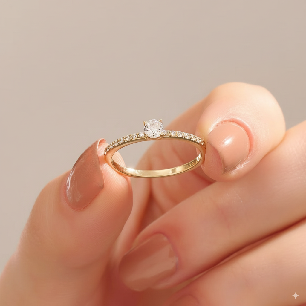 Eshira – Elegant Round Moissanite Solitaire Ring | 92.5 Silver with Gold Plating | Adjustable