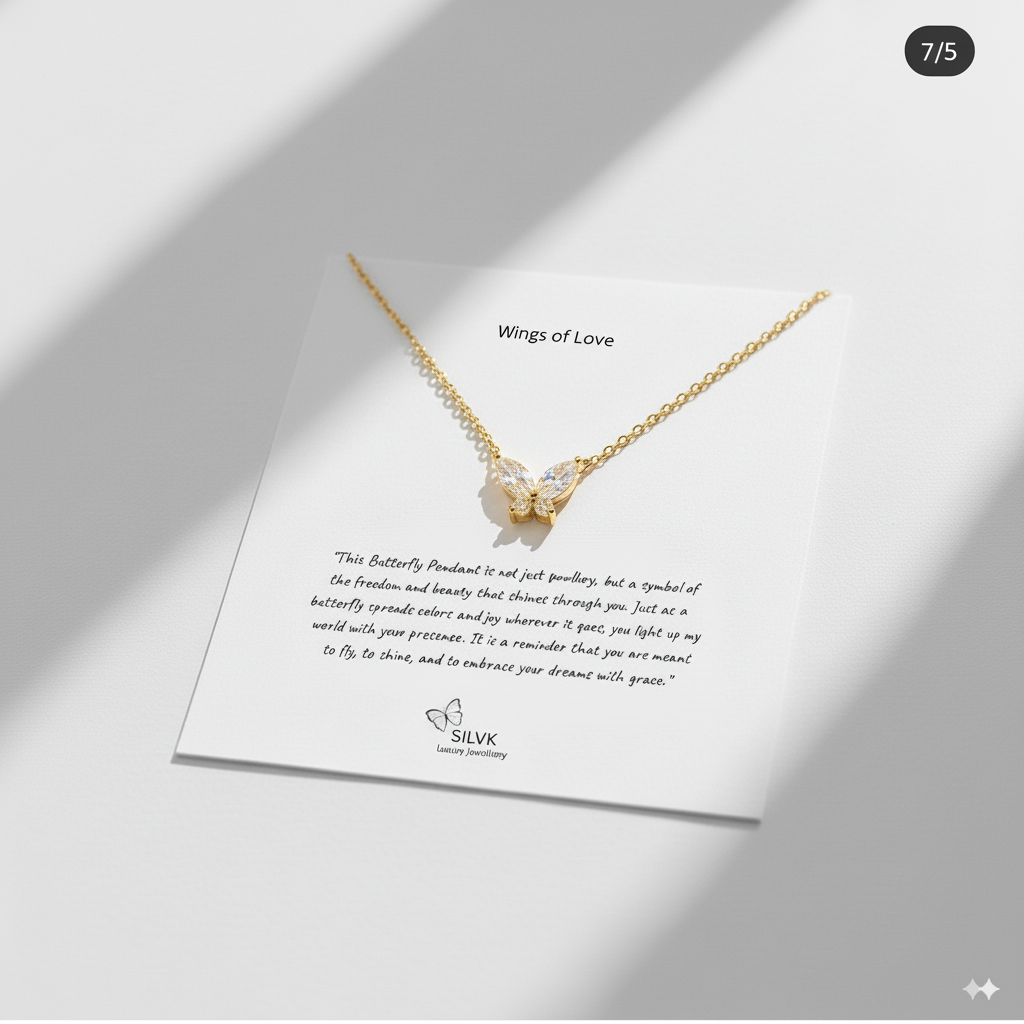 Gold necklace with butterfly pendant on a white card with text, on a light gray background