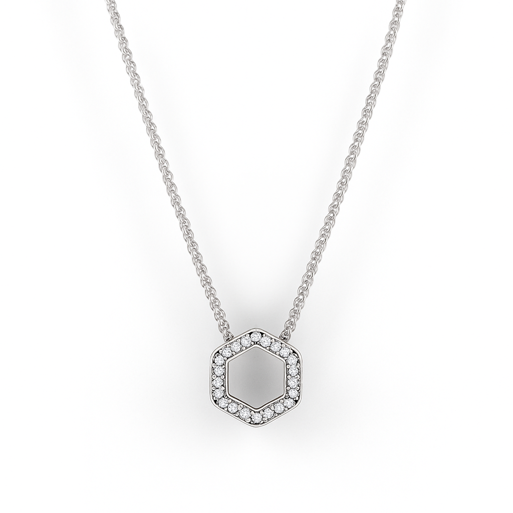 Hexagon-shaped pendant inspired by a honeycomb, adorned with clear cubic zirconia stones.