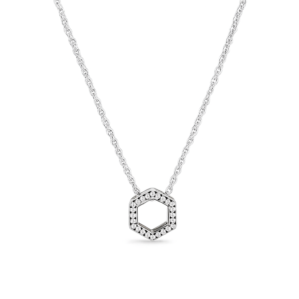 Hexagon-shaped pendant inspired by a honeycomb, adorned with clear cubic zirconia stones.