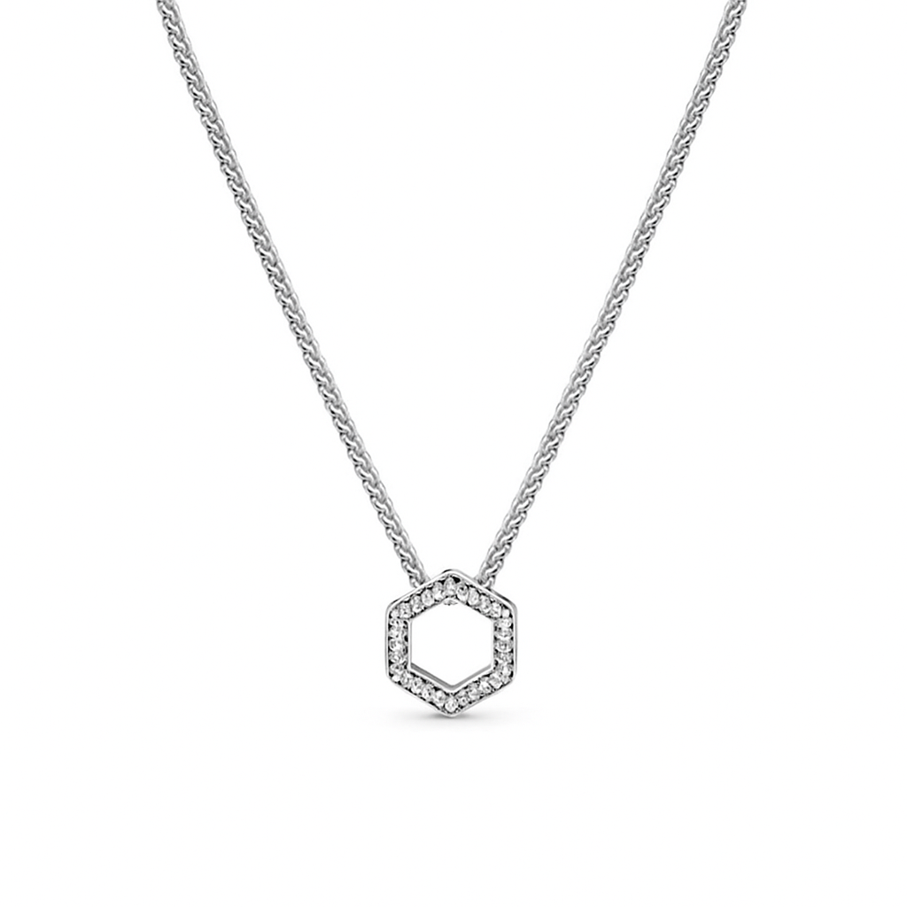 Hexagon-shaped pendant inspired by a honeycomb, adorned with clear cubic zirconia stones.