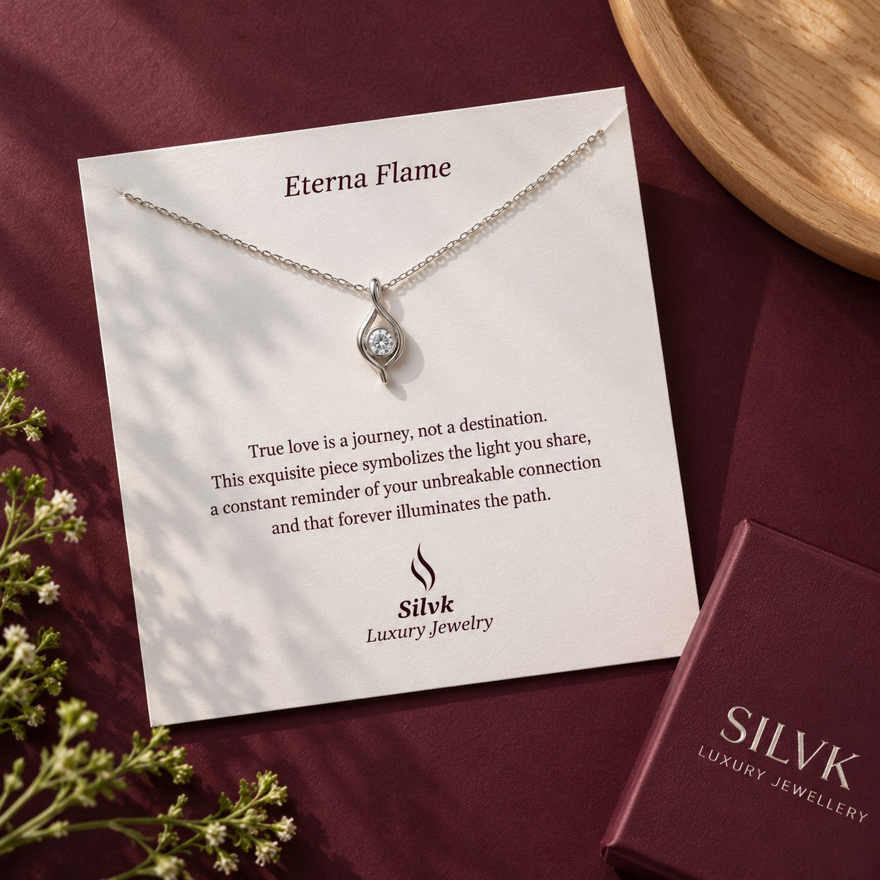 Eterna Flame pendant on its message card with a Silvk gift box, Silvk 925 silver jewellery