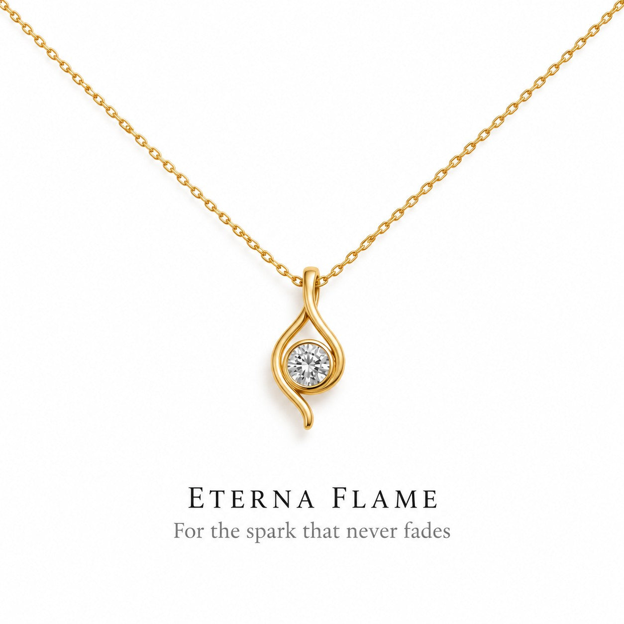 Eterna Flame gold flame teardrop pendant necklace on a white background, Silvk 925 silver jewellery