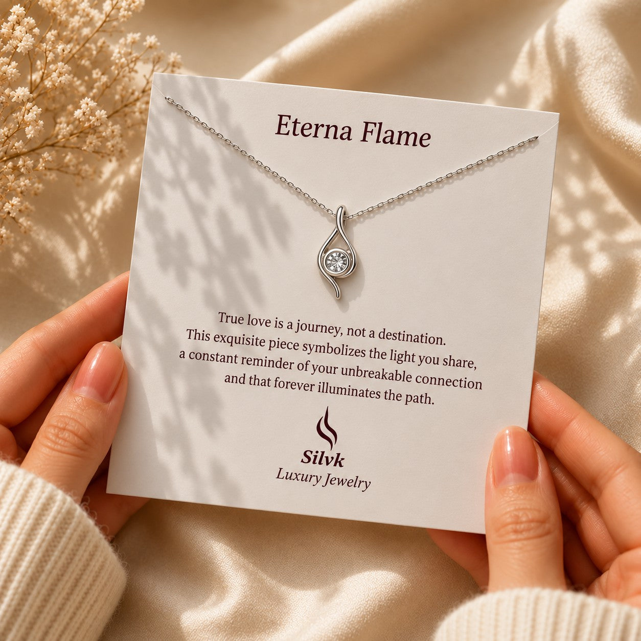 Eterna Flame pendant on its message card held in two hands, Silvk 925 silver jewellery
