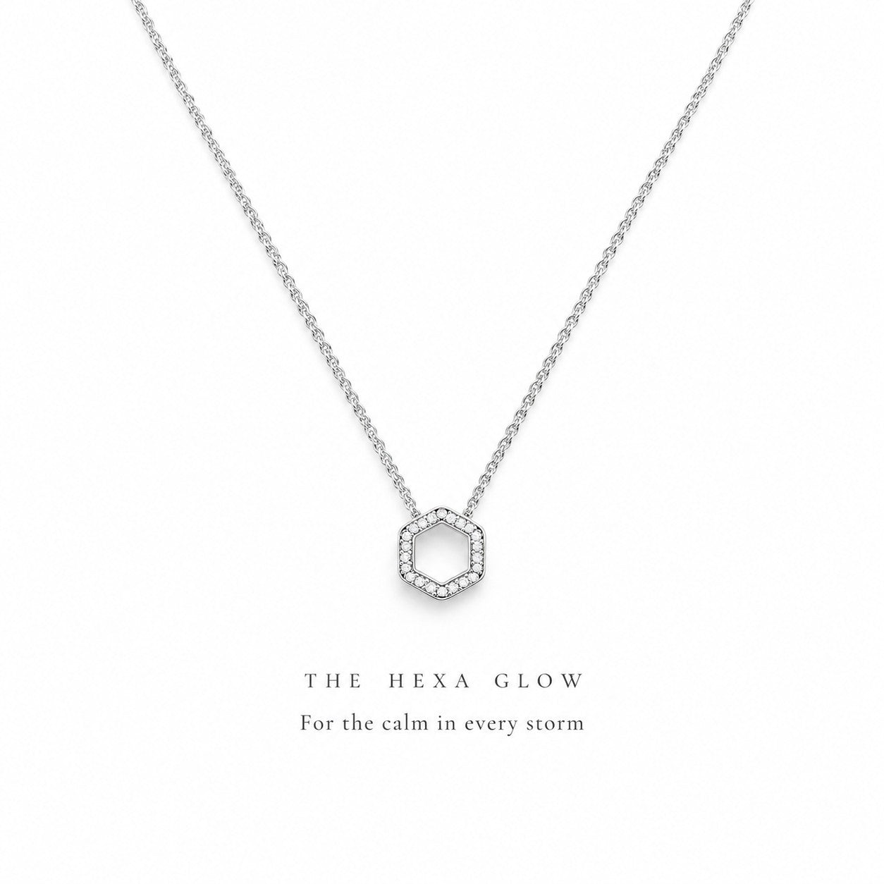 The Hexa Glow silver hexagon pendant necklace on a white background, Silvk 925 silver jewellery