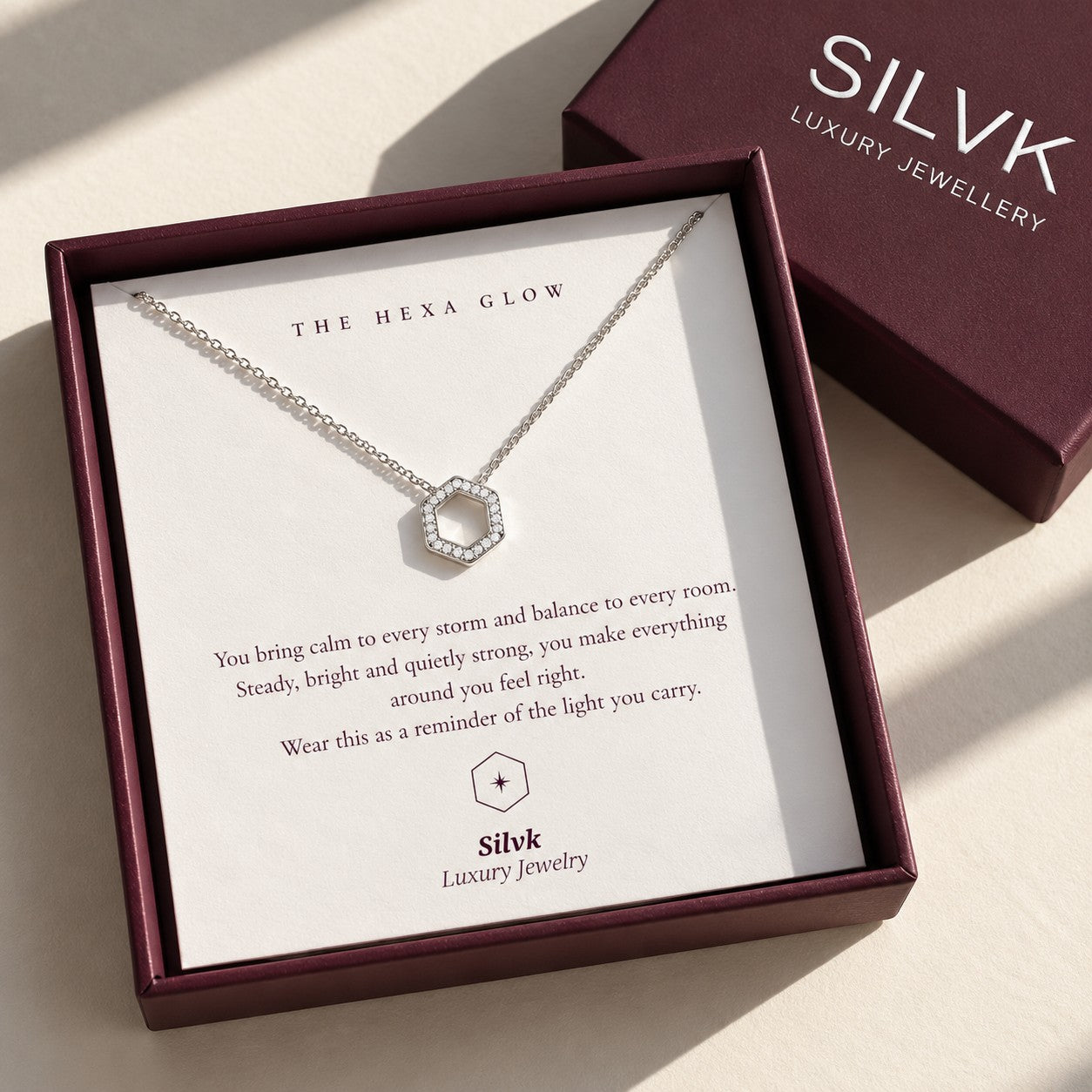 The Hexa Glow pendant in an open Silvk gift box, Silvk 925 silver jewellery