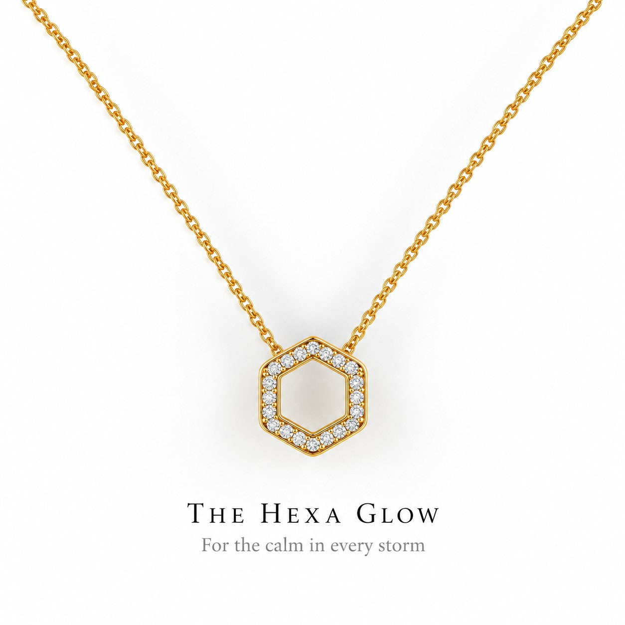 The Hexa Glow gold hexagon pendant necklace on a white background, Silvk 925 silver jewellery