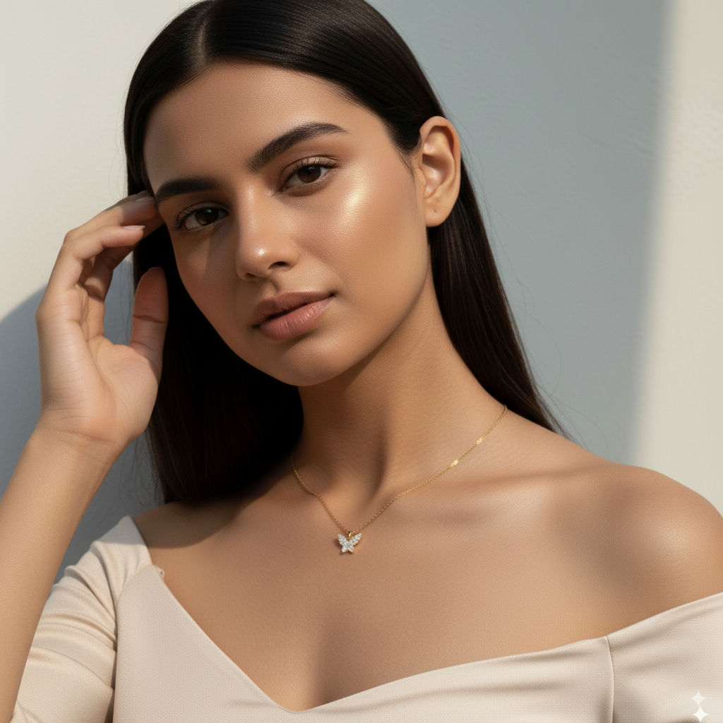 Woman wearing a delicate necklace with a butterfly pendant against a neutral background