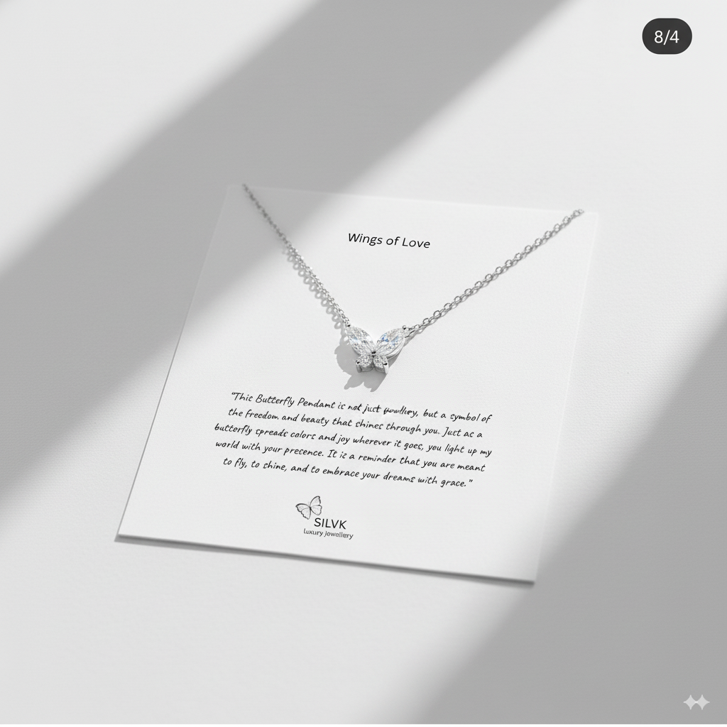 Butterfly necklace on a card with text and SILVK branding