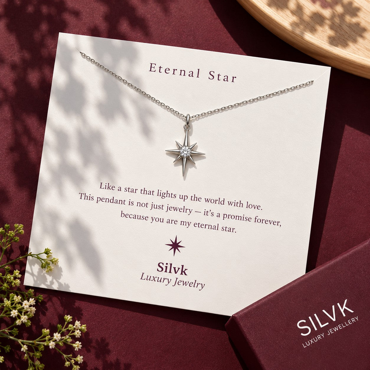 Eternal Star pendant on its message card with a Silvk gift box, Silvk 925 silver jewellery