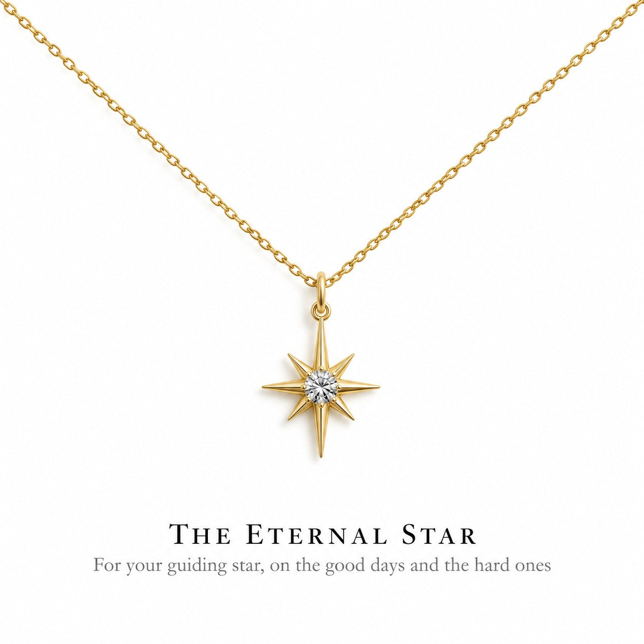 Eternal Star gold star pendant necklace on a white background, Silvk 925 silver jewellery