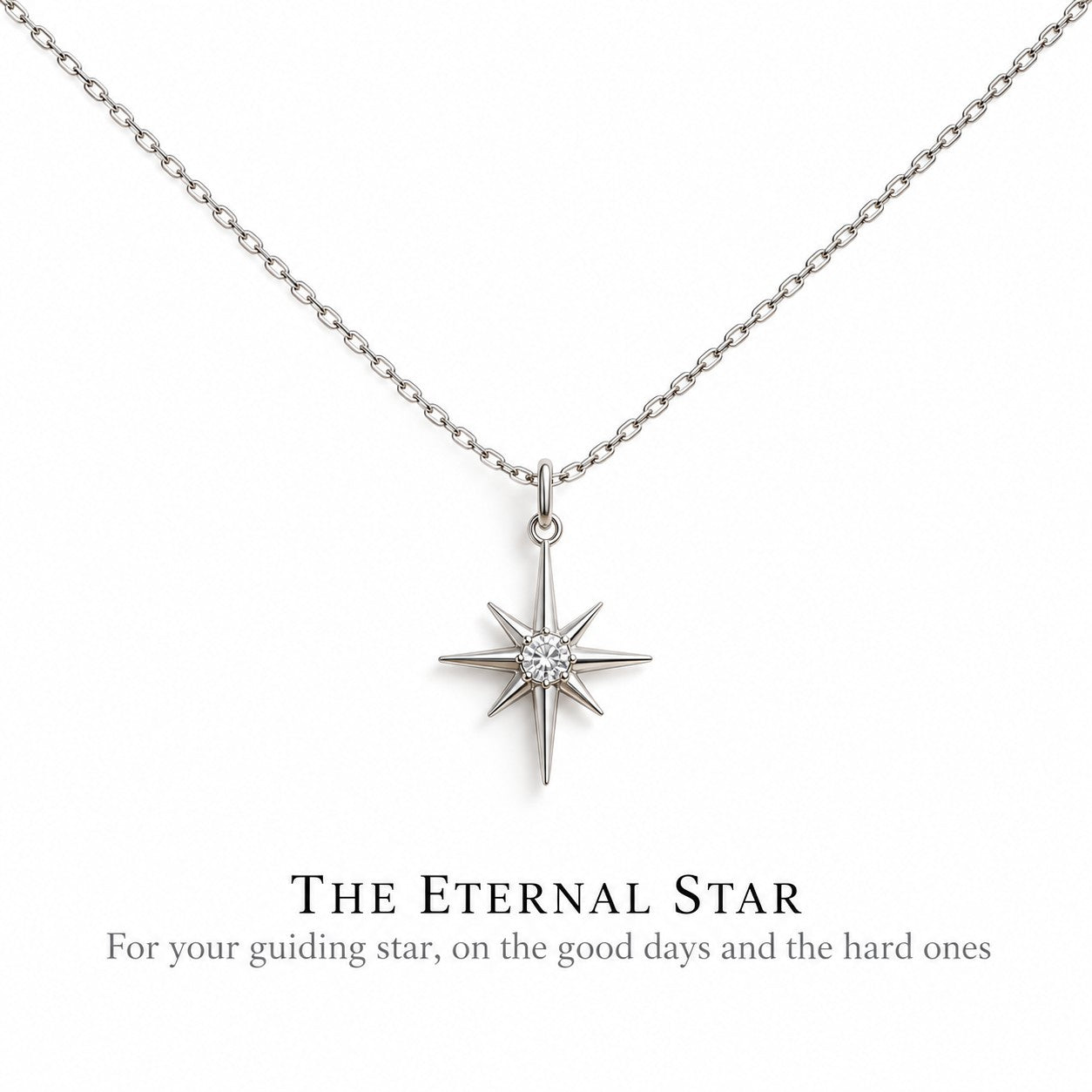 Eternal Star silver star pendant necklace on a white background, Silvk 925 silver jewellery
