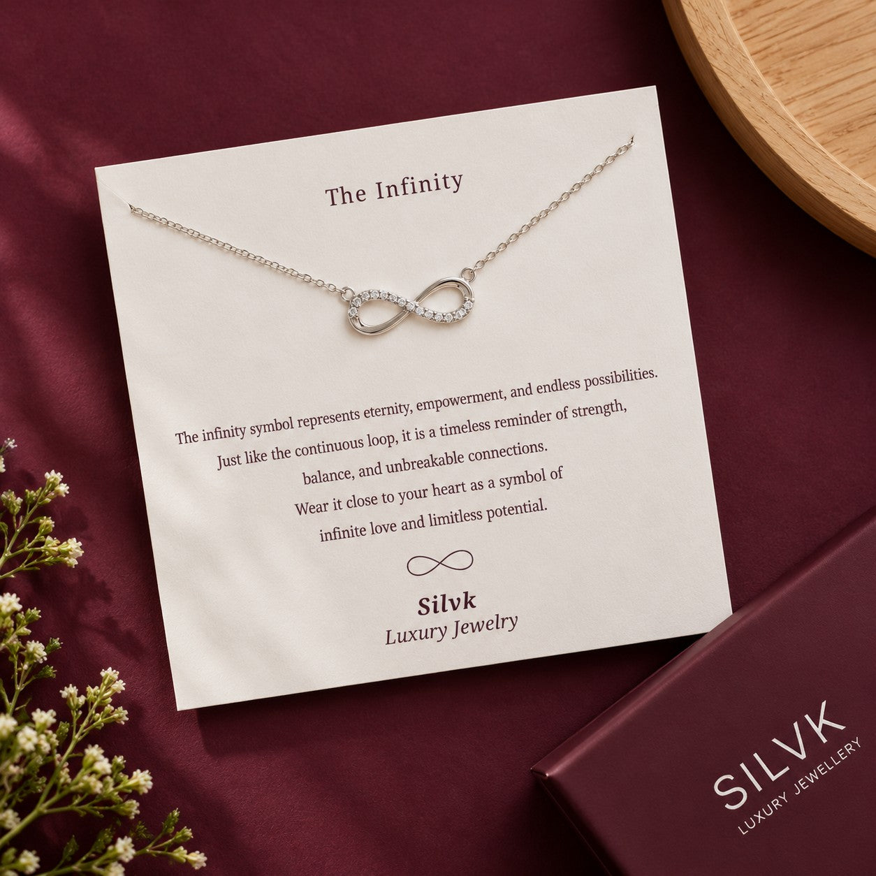 The Infinity pendant on its message card with a Silvk gift box, Silvk 925 silver jewellery