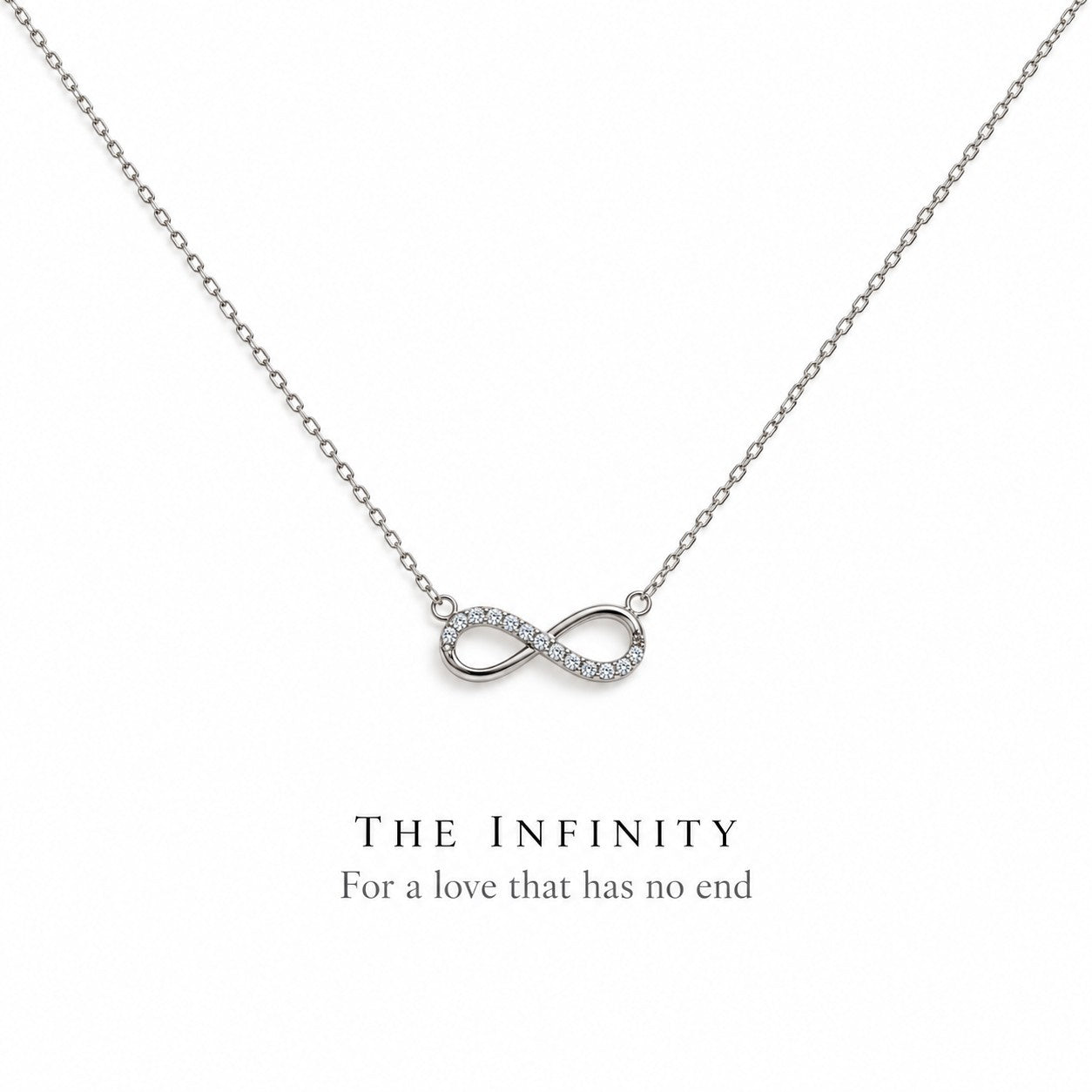The Infinity silver pendant necklace on a white background, Silvk 925 silver jewellery