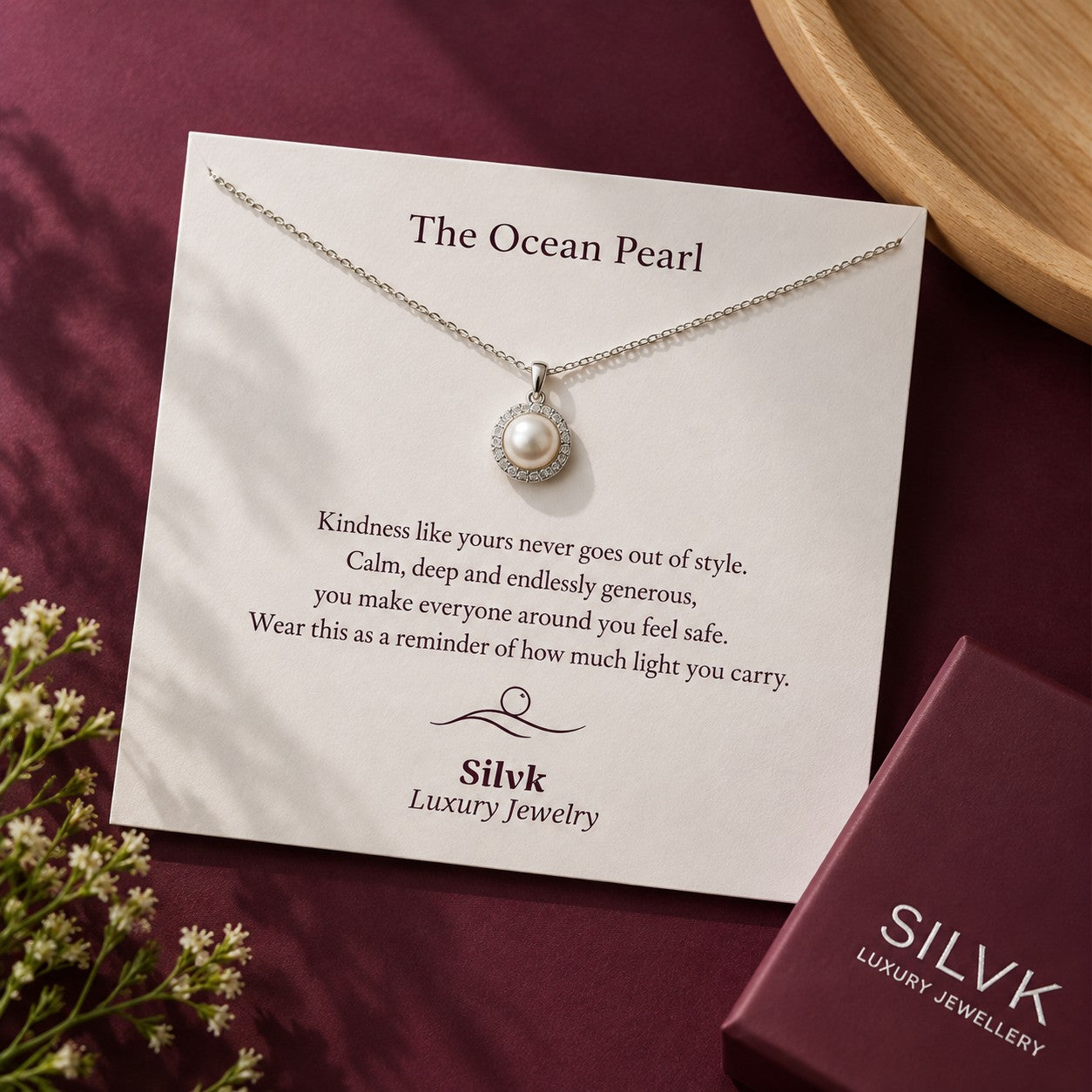 The Ocean Pearl pendant on its message card with a Silvk gift box, Silvk 925 silver jewellery
