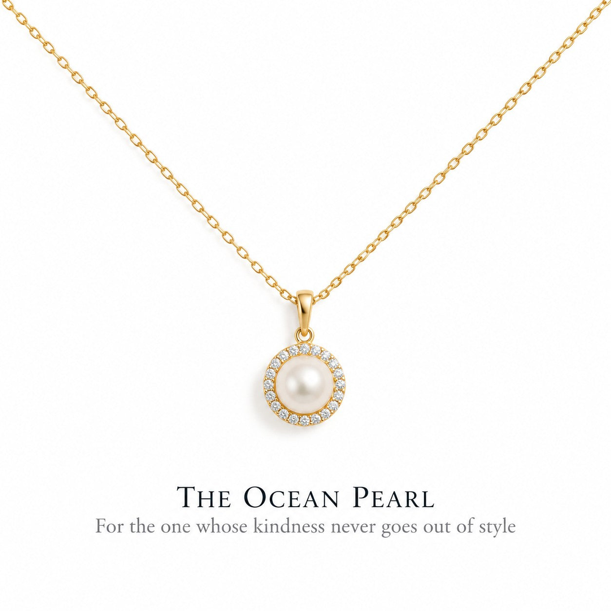 The Ocean Pearl gold pearl pendant necklace on a white background, Silvk 925 silver jewellery