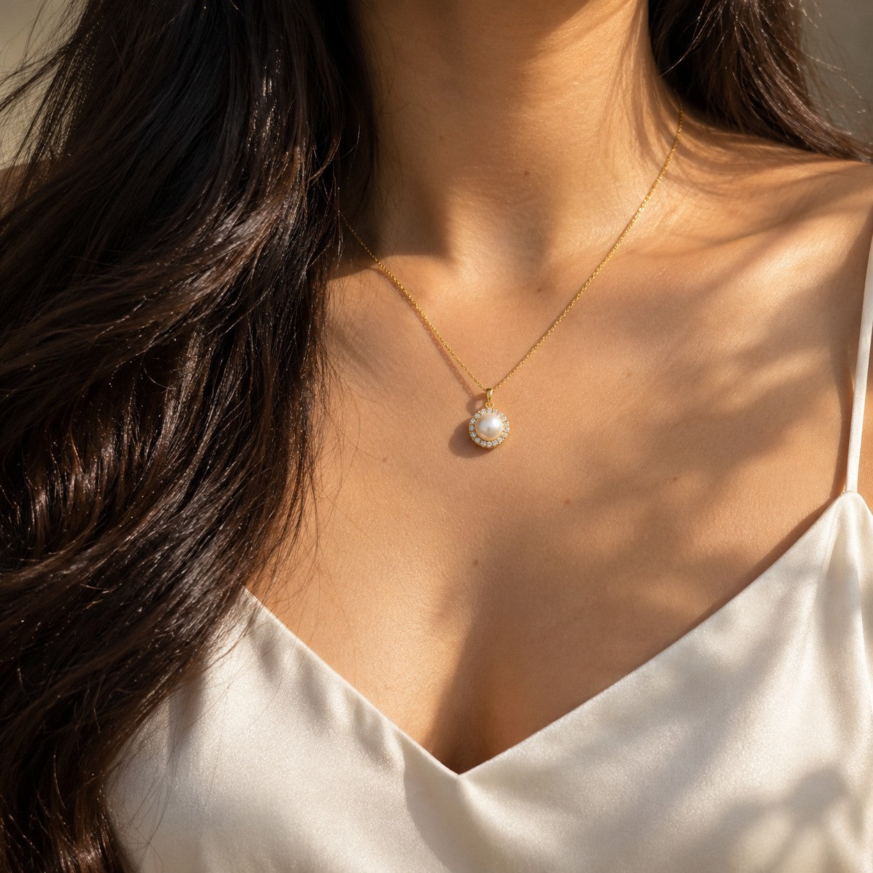 The Ocean Pearl gold pearl pendant worn on the neck with an ivory silk camisole, Silvk 925 silver jewellery