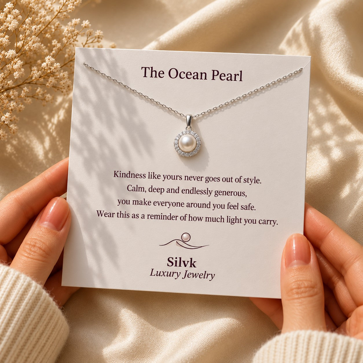 The Ocean Pearl pendant on its message card held in two hands, Silvk 925 silver jewellery