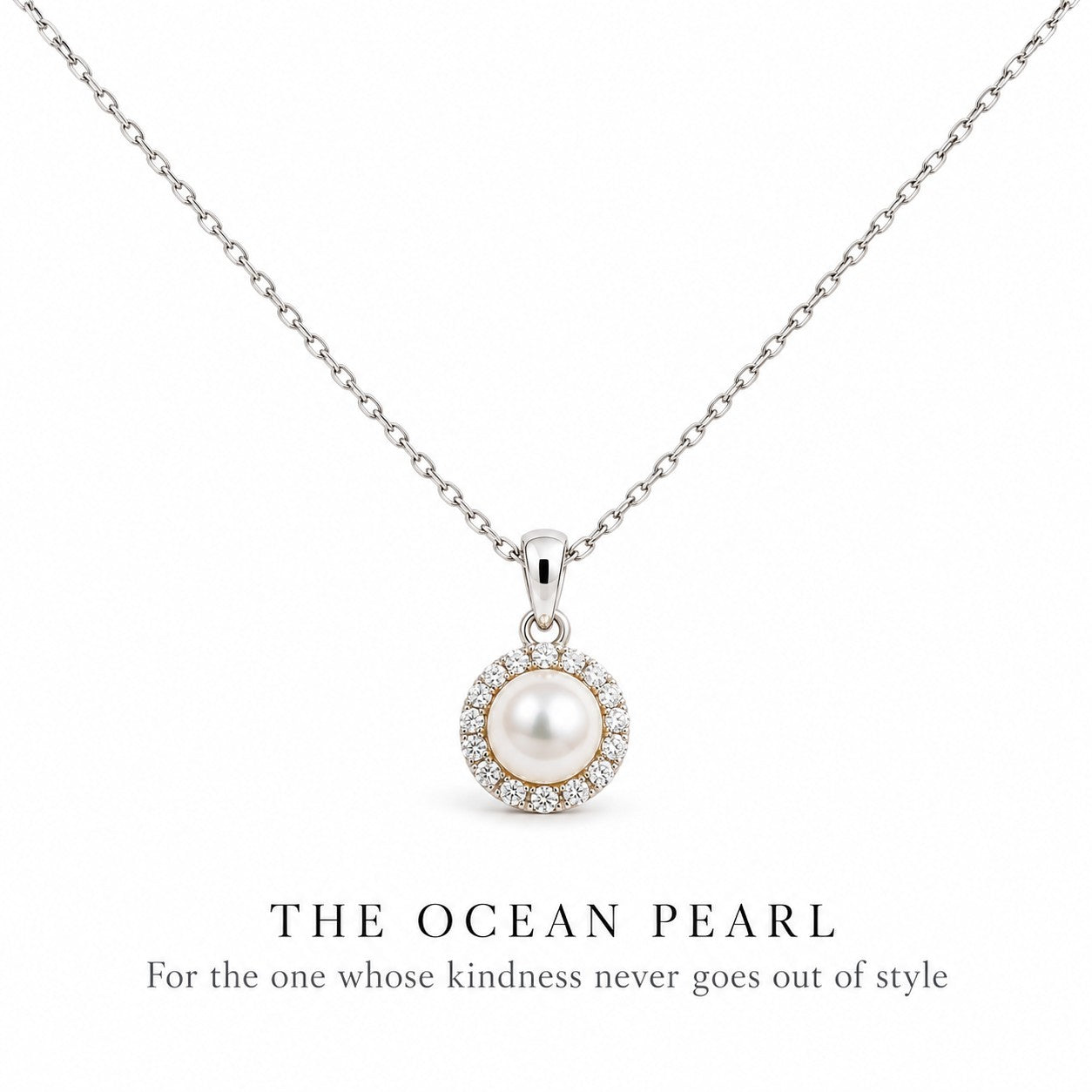 The Ocean Pearl silver pendant necklace on a white background, Silvk 925 silver jewellery